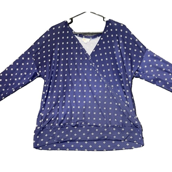 LuLaRoe Cross Front‎ Rebecca Shirt Womens Size Large Blue Patterned Long Sleeve - Picture 1 of 12